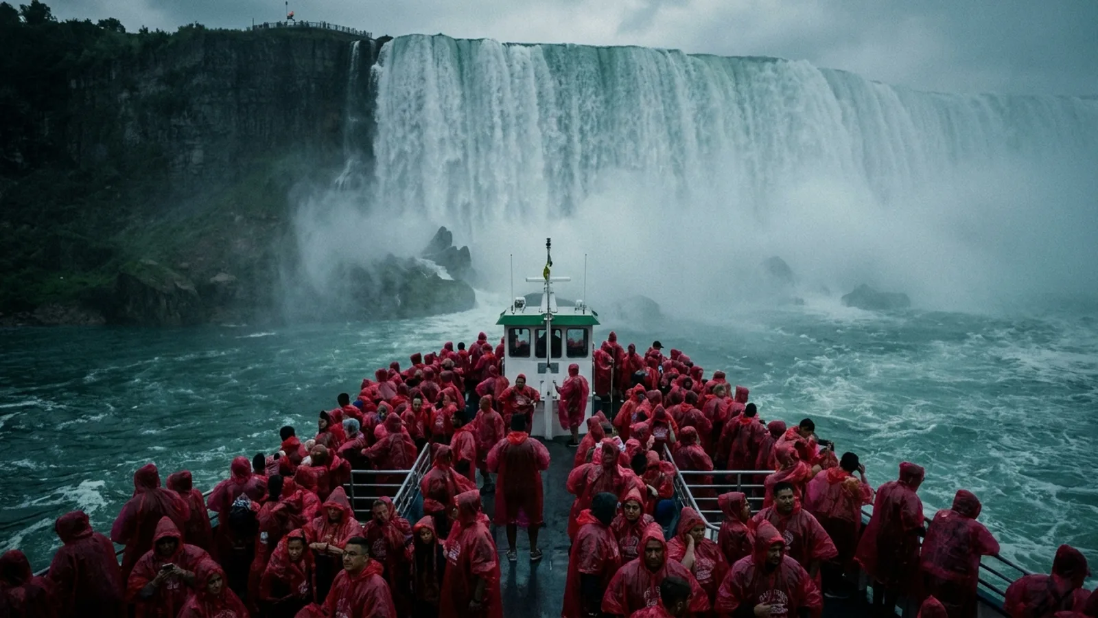 Niagara City Cruise tourists in red ponchos at Horseshoe Falls