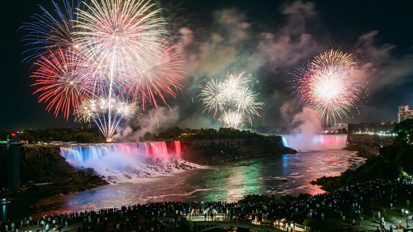Niagara Falls illuminated at night with fireworks display