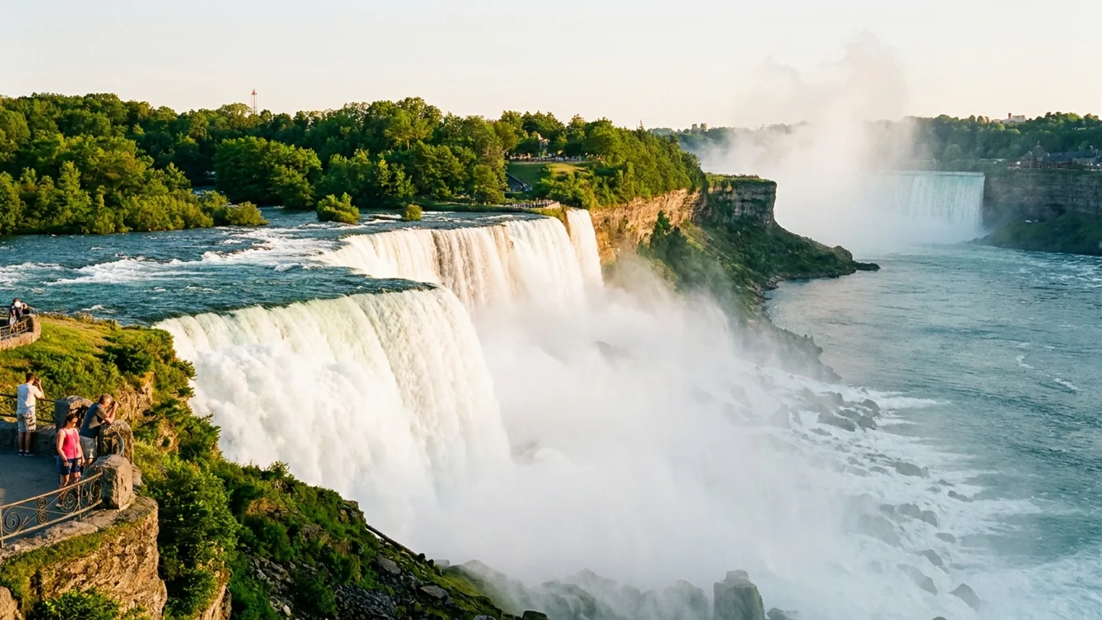 Niagara Falls illuminated in blue light on a warm June evening