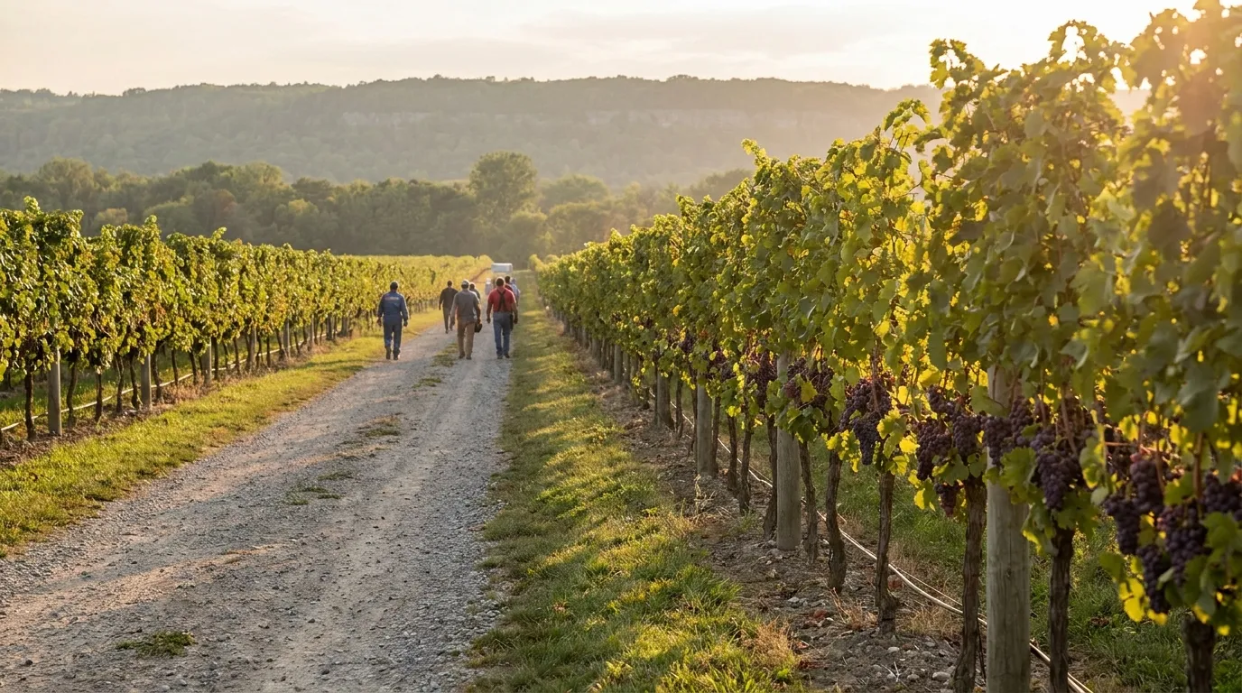 Niagara-on-the-Lake vineyard rows in peak summer with blue sky