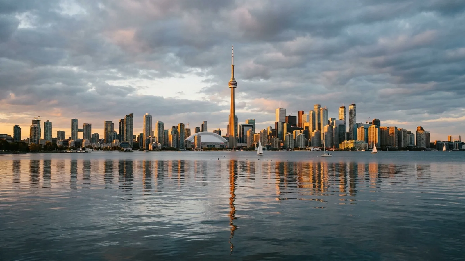 Toronto skyline at sunset, departing toward Niagara Falls