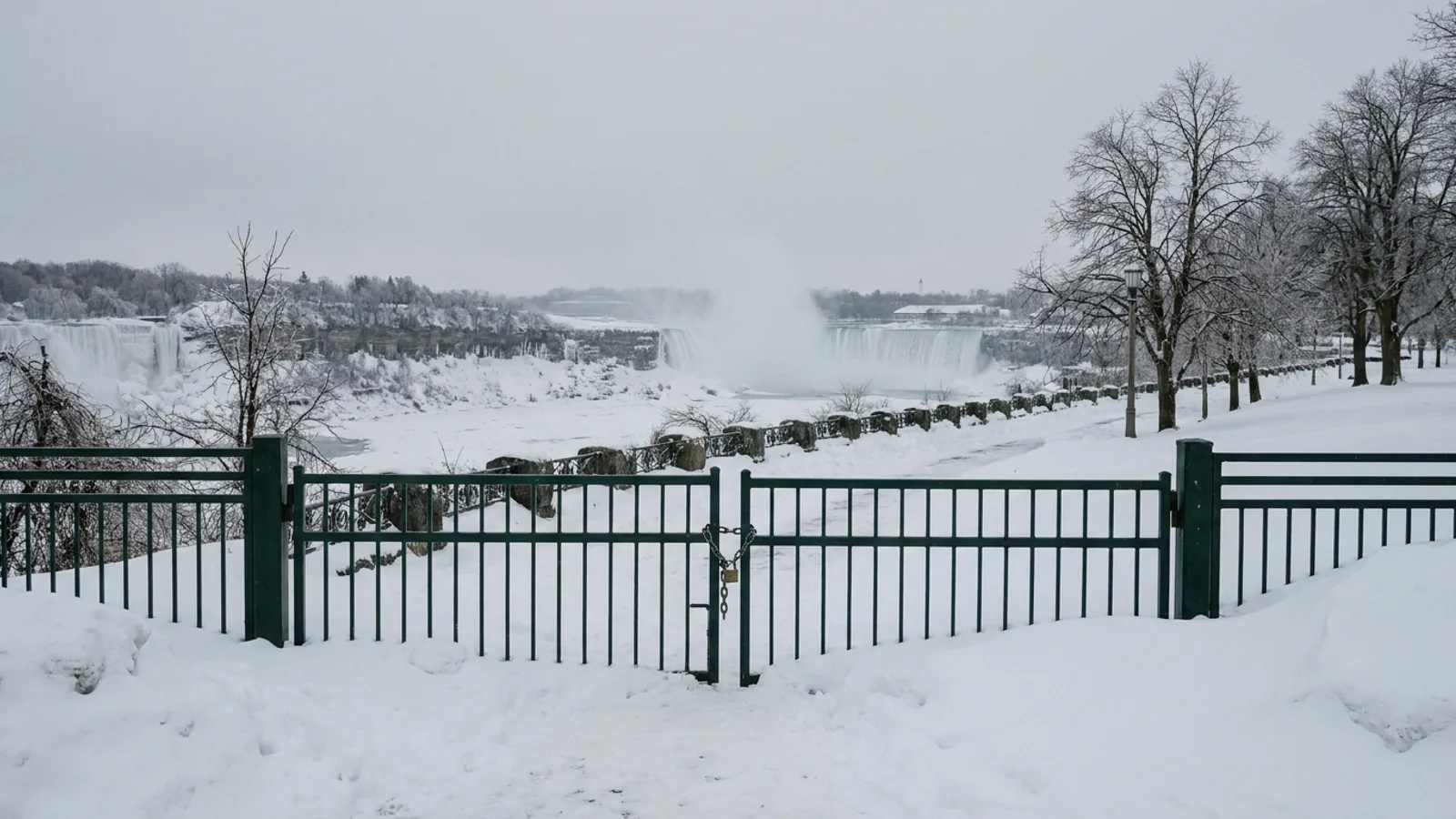 A padlocked gate on a Niagara Parks path in deep snow, the frozen gorge behind it