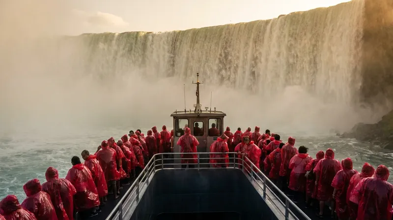 Niagara Falls tour boat with passengers in red ponchos