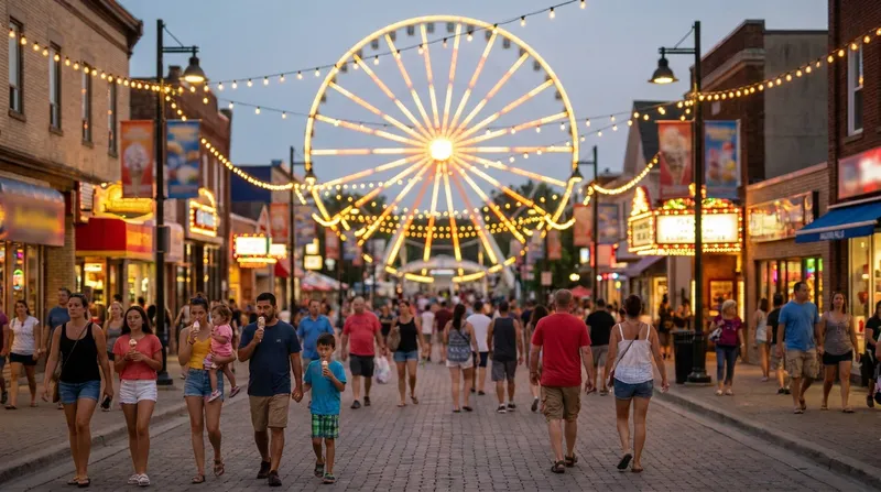 Clifton Hill entertainment street at dusk with the SkyWheel glowing