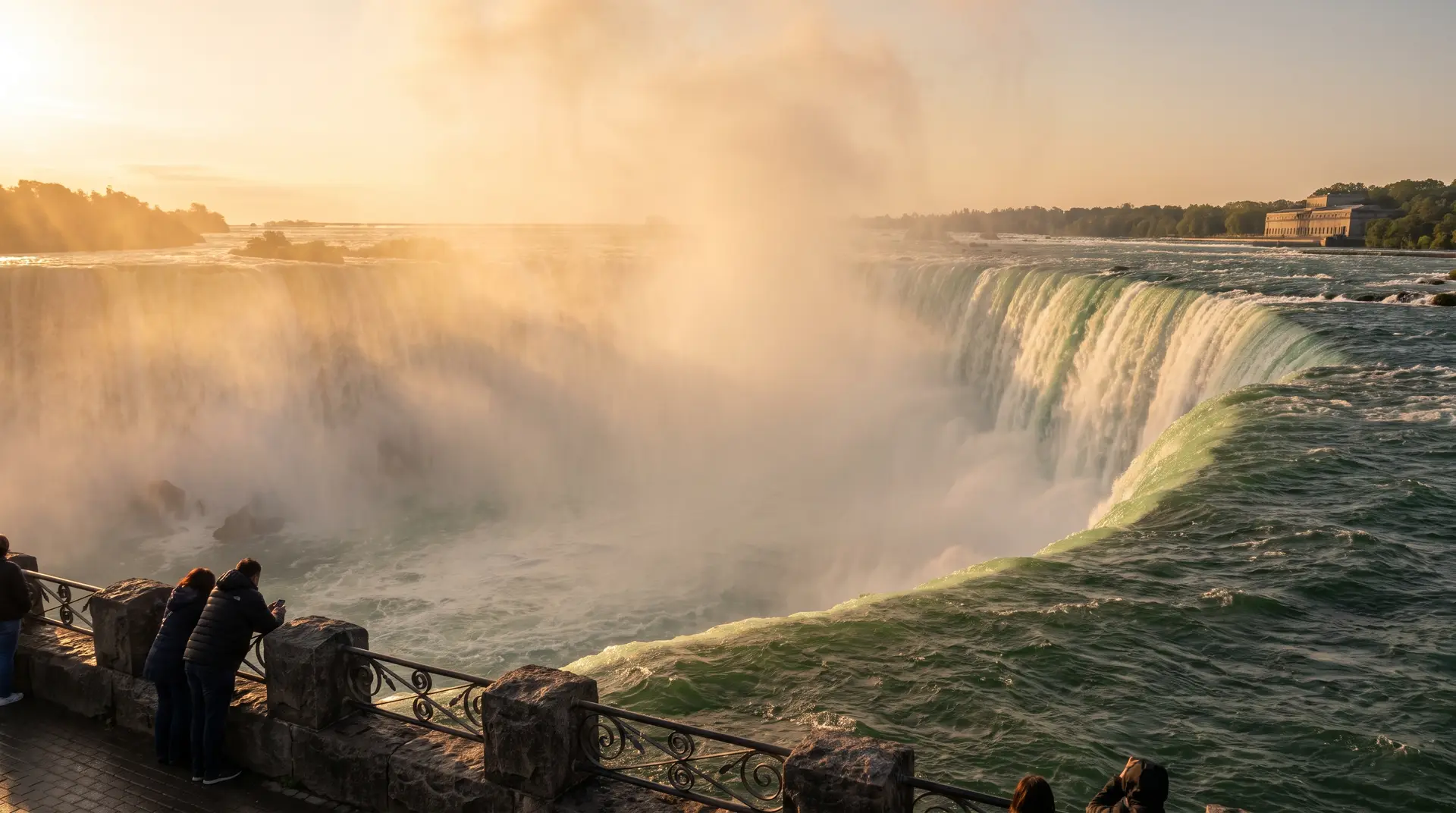 Horseshoe Falls at golden hour with rising mist, Ontario